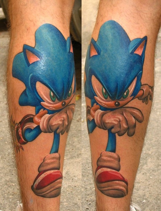 Running Sonic video game hero colored leg tattoo
