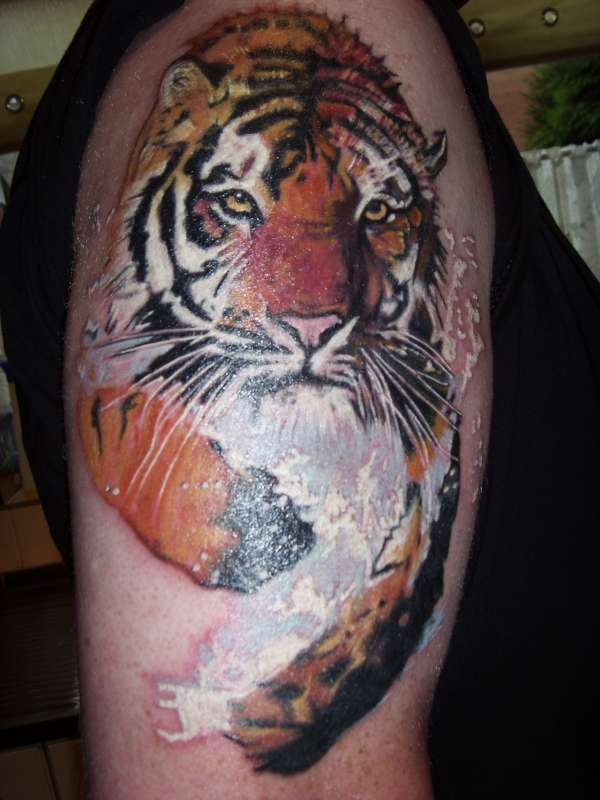 Realistic running tiger tattoo in colour