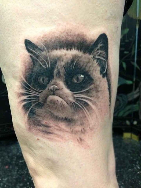 Tatuaje en la pierna de un gato triste.