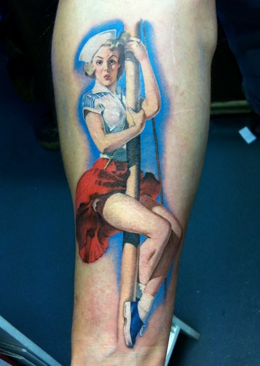 Sailor climbs on a mast pin up girl tattoo by David Corden