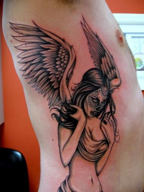 Santa muerte angel tattoo on ribs