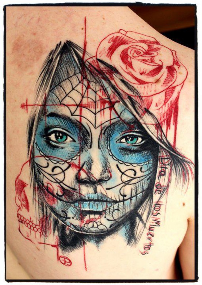 Tatuaggio moderno  sulla spalla Santa Morte by Jacob Pedersen