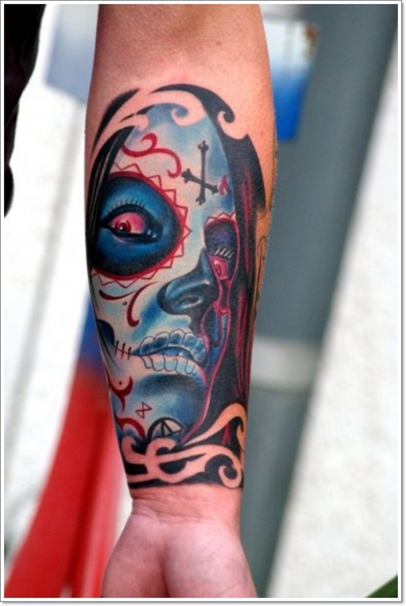 Santa muerte girl with red eyes tattoo
