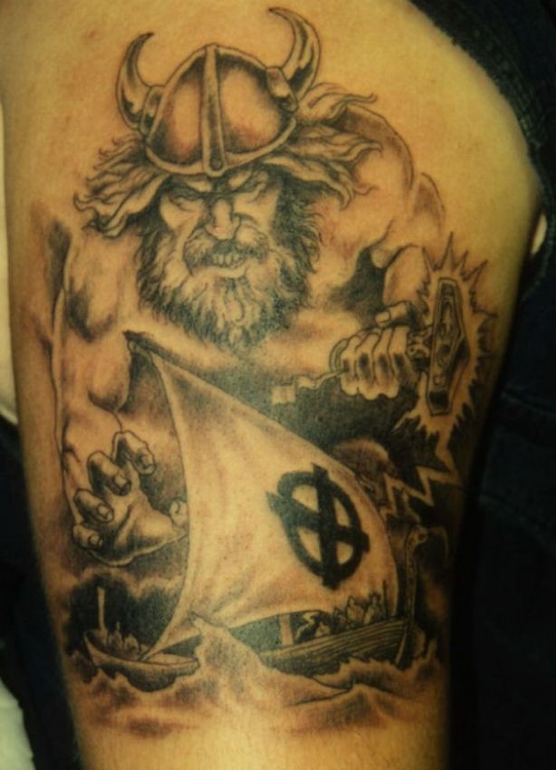 Scandinavian god and vikings on a boat tattoo