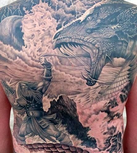 Scandinavian god thor and dragon tattoo on whole back