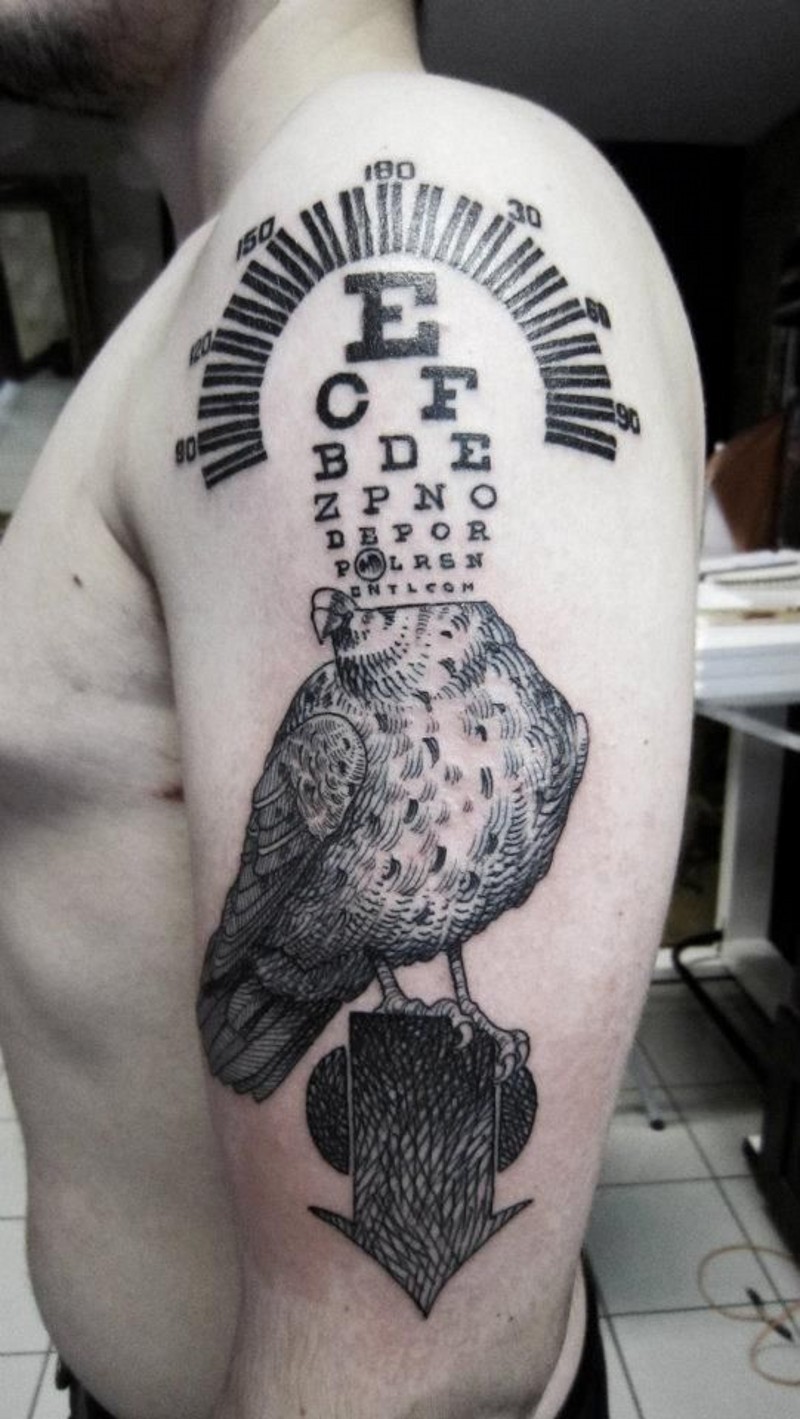 Science style black ink shoulder tattoo of big bird with letters and numbers