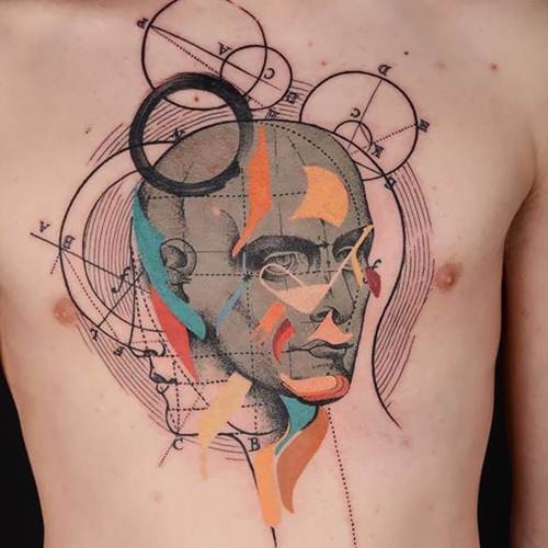 Science style colored chest tattoo of human face with various mathematical symbols