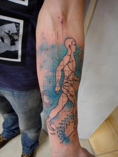 Science style colored forearm tattoo of human body with numbers