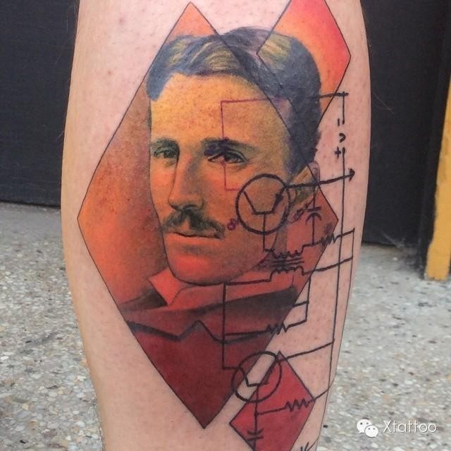 Science style colored tattoo of man with electric schema
