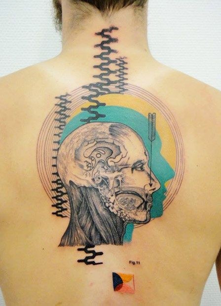 Science style colored upper back tattoo of human face with various ornaments