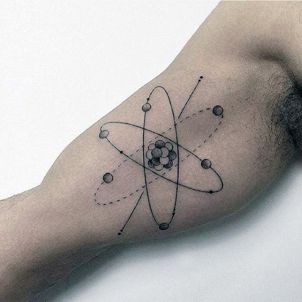 Science themed colored biceps tattoo of big atom