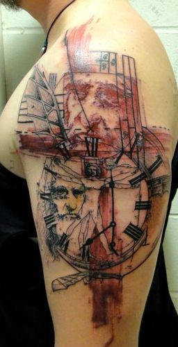 Science themed colored shoulder tattoo of of various symbols and clock