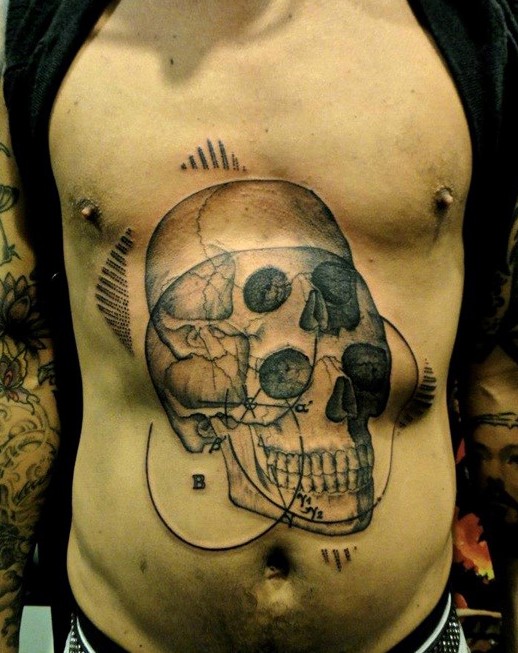 Scientific style black ink interesting skulls tattoo on belly