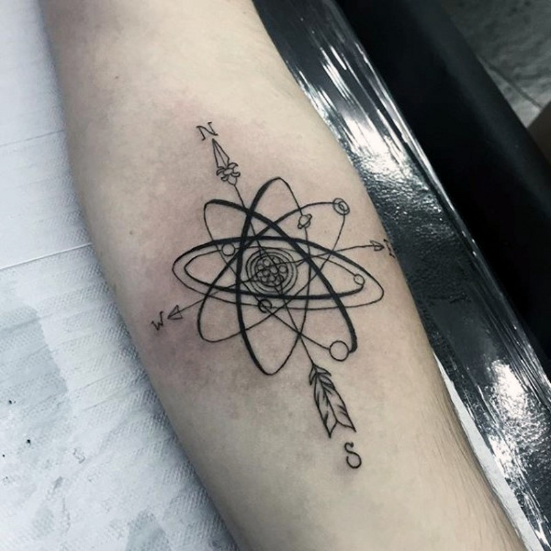 Tatuaje en el antebrazo, sistema solar con flecha, tinta negra