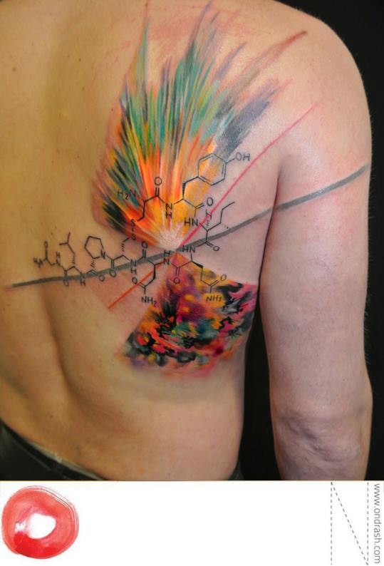 Scientific style colored back tattoo of big blast