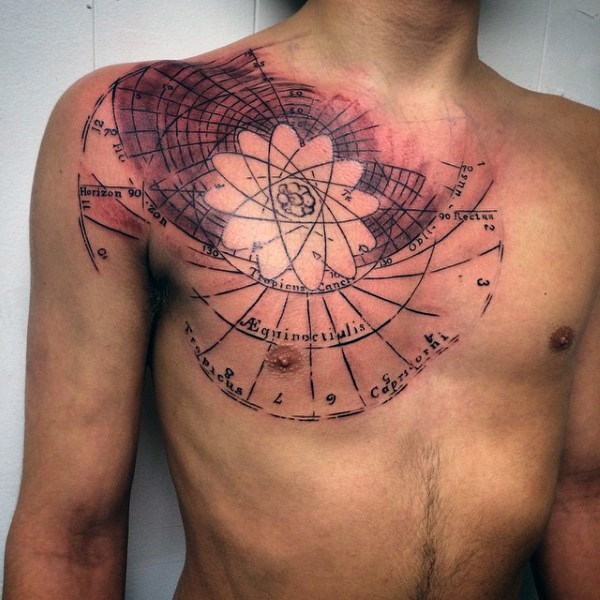 Scientific style colored chest tattoo of lettering and atom