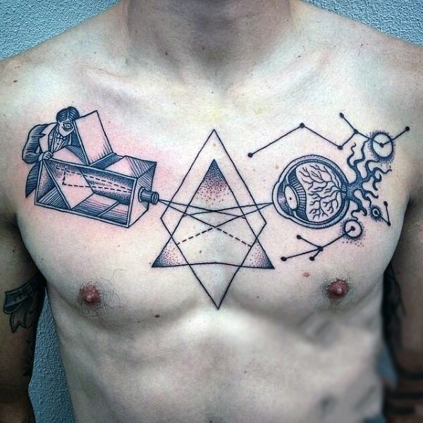 Scientific style designed big black ink geometrical tattoo on chest