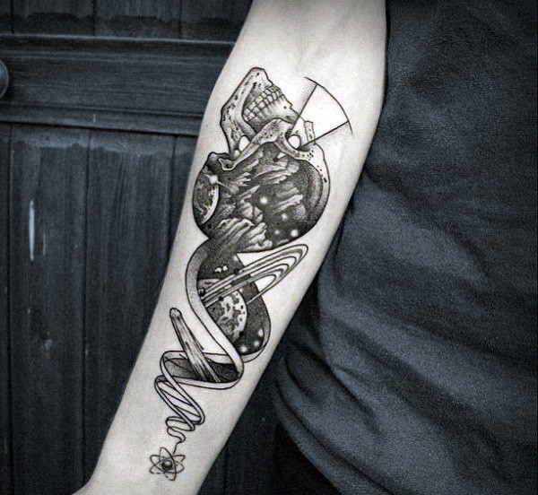 Scientific style little black ink unique tattoo on arm