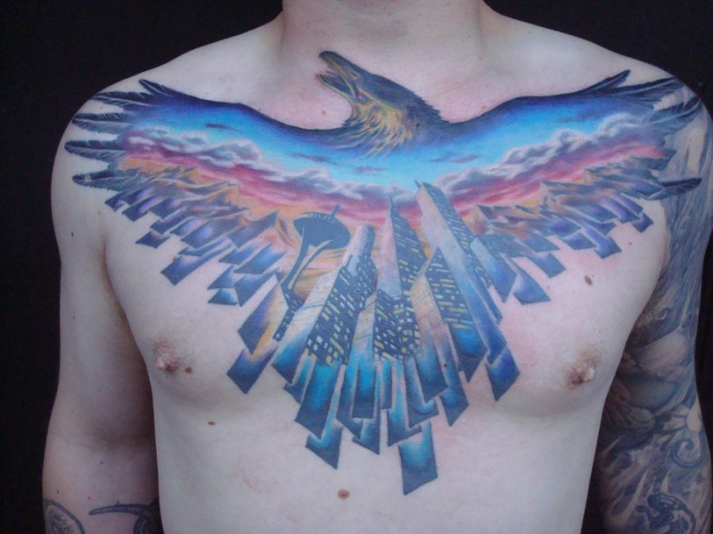 Seattle theme patriotic tattoo on chest by viptattoo
