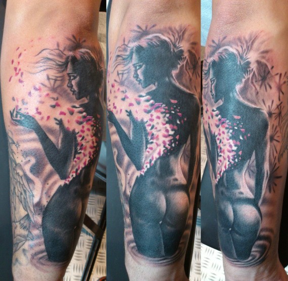 Seductive multicolored forearm tattoo of naked woman with butterflies