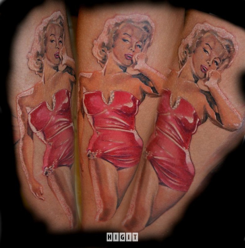 Seductive sexy Merlin Monroe in short red dress colored photo like tattoo in realism style