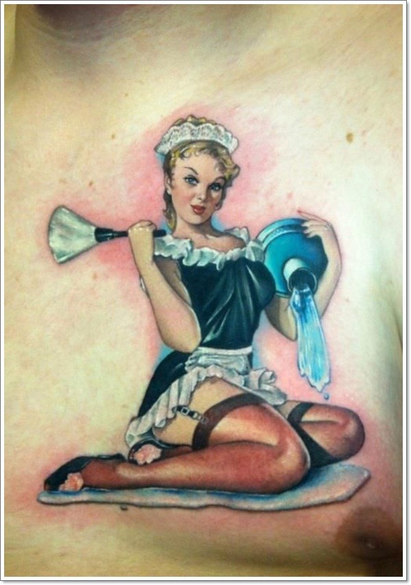 seduttiva sexy pin up cameriera ragazza 3D tatuaggio colorato su petto
