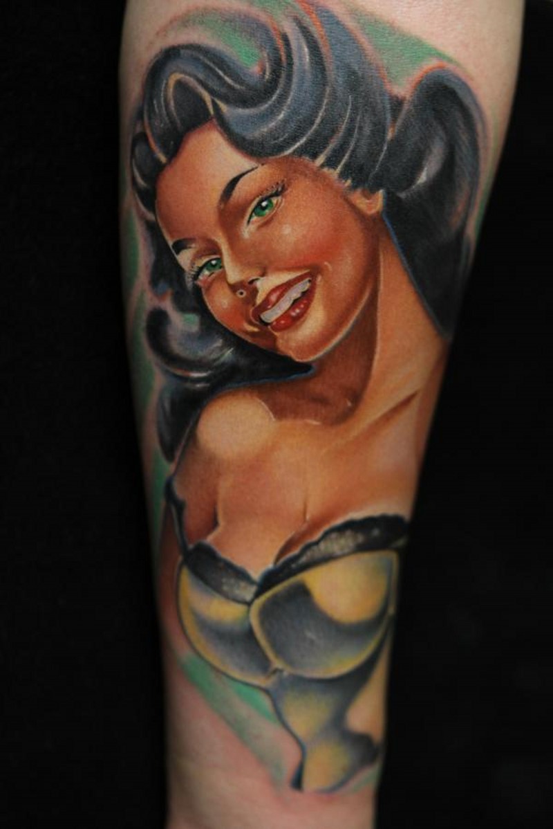 Seductive smiling brunette pin up girl colored old school style tattoo
