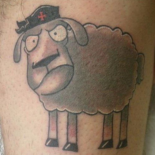 Severe gray sheep in cap tattoo on shin