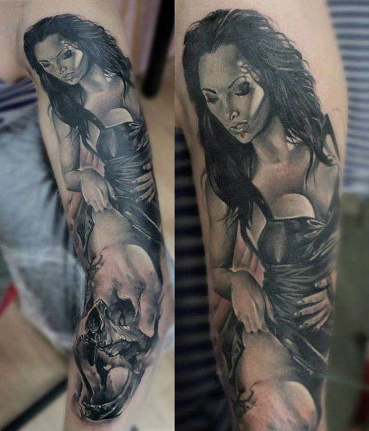 Sexy looking colored sleeve tattoo of seductive woman with skull