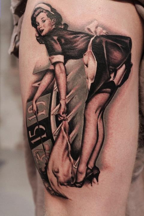 Sexy maid in a casino tattoo on thigh by Jacob Pedersen
