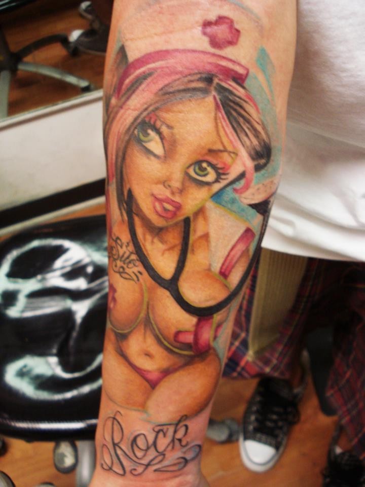 Sexy nurse pin up girl forearm tattoo