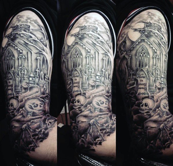 Sharp black and white cemetery with skeletons tattoo on shoulder combined with old church