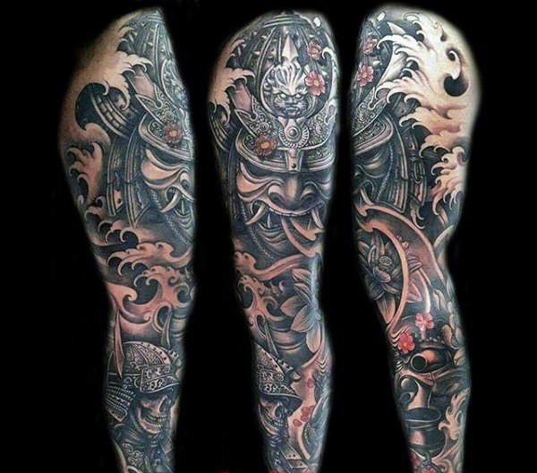 Sharp designed and colored big whole leg tattoo of various samurai warriors helmets