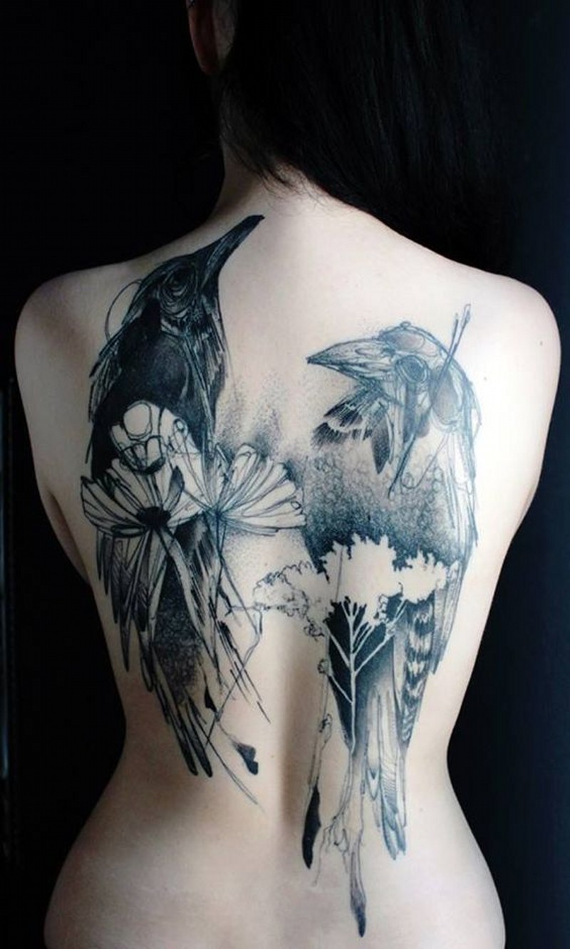 Sharp designed and painted big black ink crows tattoo on whole back