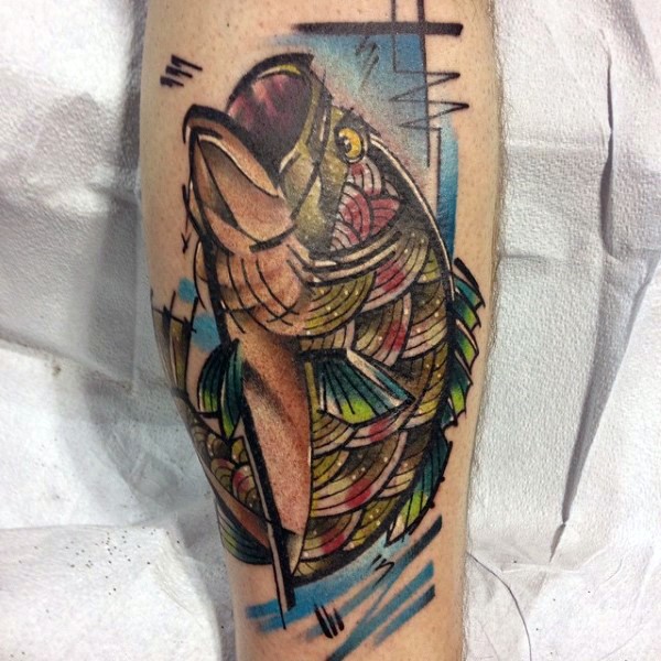 Sharf gemalter gefärbter und großer Fisch Tattoo am Bein