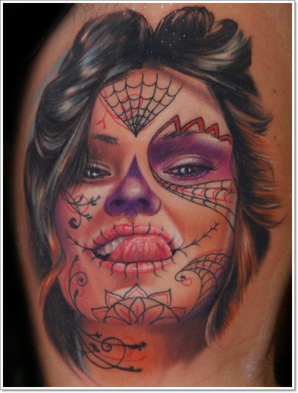 Tatuaje  de chica juguetona, dia de muertos