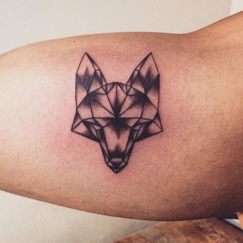 Simple abstract style black ink biceps tattoo of fox head