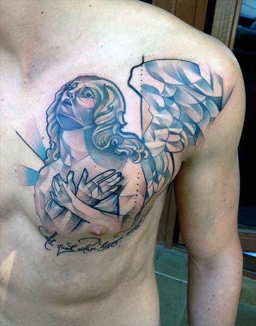 Simple abstract style colored angel with lettering tattoo on chest