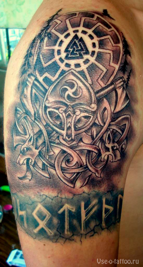 Simple black and gray style shoulder tattoo fo Celtic armor with shield