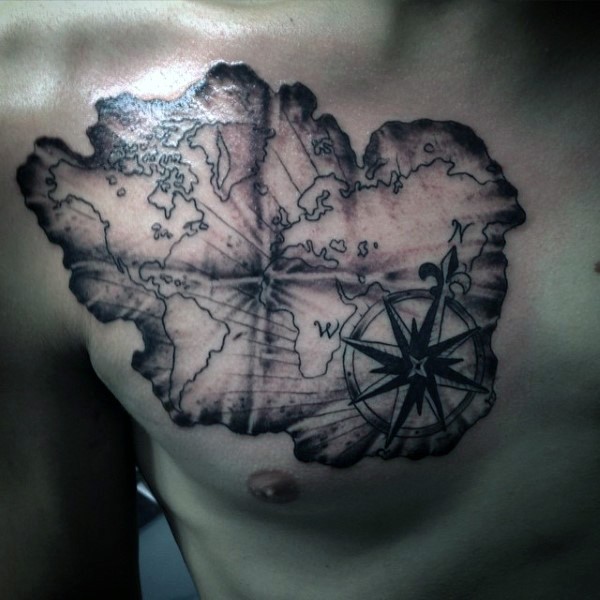 Simple black and white nautical map tattoo on chest