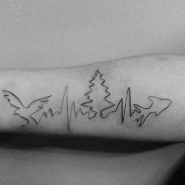 Simple black ink animal and tree shaped heart rhythm tattoo on arm