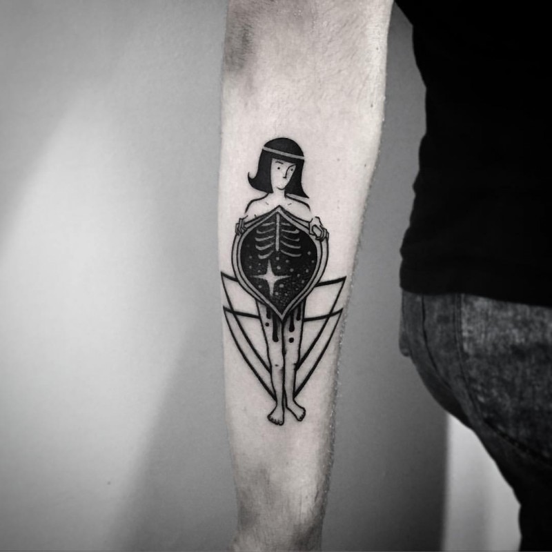 Simple black ink arm tattoo of woman with ornaments