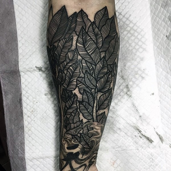 Simple black ink big leaves tattoo on arm