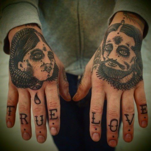 Simple black ink hands tattoo of humans portraits