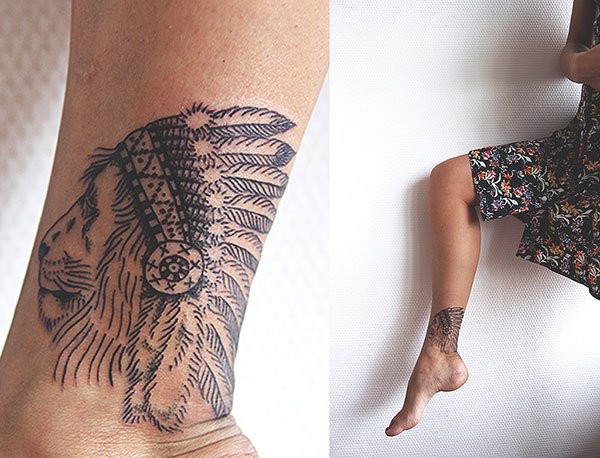 Simple black ink Indian lion tattoo on ankle