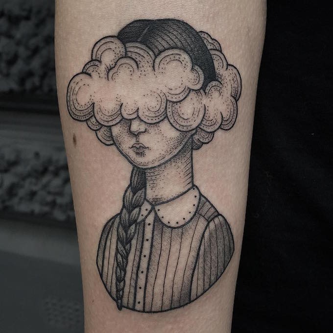 Simple black ink interesting forearm tattoo of woman in clouds