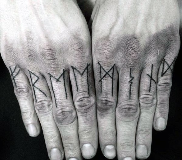 Simple black ink lettering tattoo on fingers