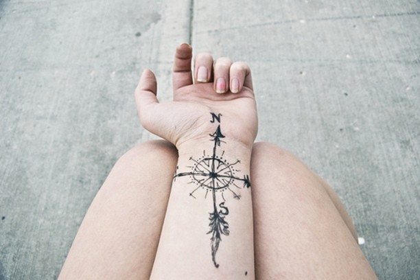 Simple black ink nautical compass tattoo on wrist