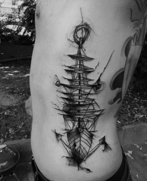 Simple black ink side tattoo of sailing ship