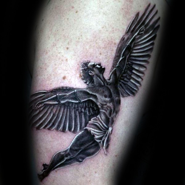 Simple black ink tattoo of detailed flying Icarus